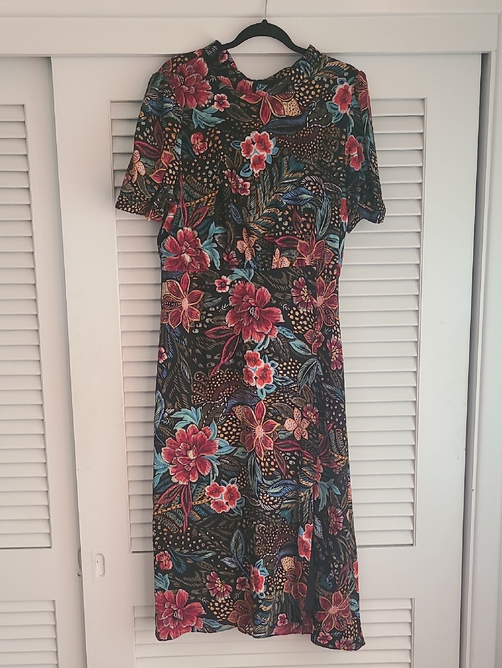 Black Floral Midi Dress with Pink & Blue Blooms